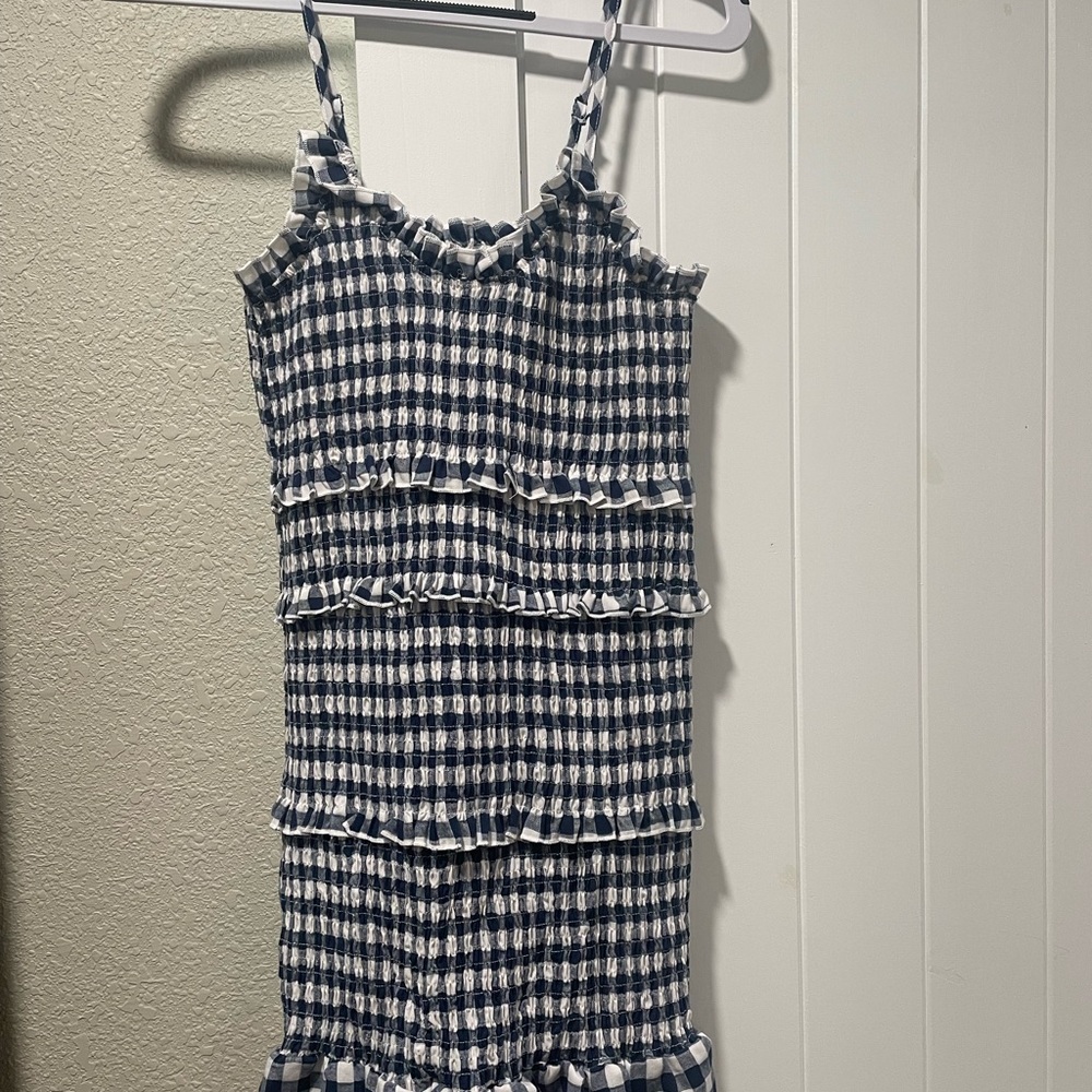 Petal & Pup X MABLE | NEW Ileena Shirred Frill Mini Dress in Ginham Navy Size M